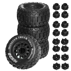 Monster Truck Rubber Tire & Rim Set MX28B 128 x 68mm With 12 / 14mm Hex For 1/10 TRAXXAS MAXX ARRMA GRANITE KRATON Truck - MX28B/BK