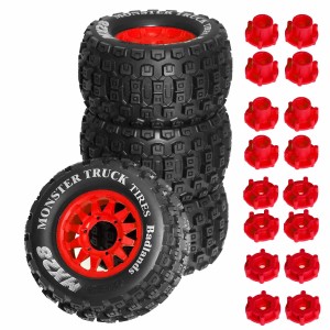 Monster Truck Rubber Tire & Rim Set MX28B 128 x 68mm With 12 / 14mm Hex For 1/10 TRAXXAS MAXX ARRMA GRANITE KRATON Truck - RED - MX28B/RE