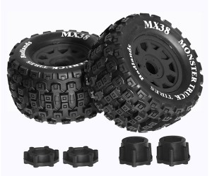 Rubber Tire And Rim Set 2pcs MX38 3.8 Inch Badlands 17mm Hex Adaptor For 1/7 1/8 TRAXXAS E-REVO ARRMA KRATON - BLACK - MX38/BK