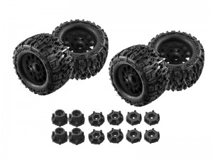 MONSTER TRUCK RUBBER TIRE & RIM SET MX28 125 x 70mm WITH 12 / 14mm Hex For 1/10 TRAXXAS MAXX ARRMA GRANITE KRATON Truck - MX28C/BK