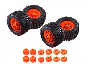 MONSTER TRUCK RUBBER TIRE & RIM SET MX28 125 x 70mm WITH 12 / 14mm Hex For 1/10 TRAXXAS MAXX ARRMA GRANITE KRATON Truck - ORANGE - MX28C/OR