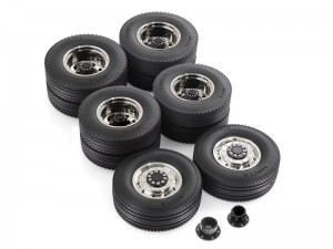 FRONT 1PR & REAR 2PR RUBBER TIRE & RIM SET FOR 1/14 TAMIYA RC TRACTOR TRUCK SCANIA MAN ACTROS - TY-8448FRR/BK