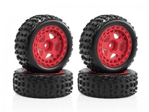 RUBBER TIRE & RIM SET 69mm x 26mm ARA550114 FOR 1/14 ARRMA TYPHON GROM 223S 380 BUGGY ARA2306 ARA2306S ARA2106 - RED - RS-ARA550114A/RE