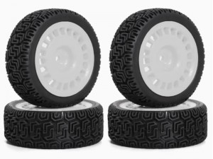RALLY RUBBER TIRE AND RIM SET 68 X 26mm 12mm HEX FOR TAMIYA 1/10 TT-01 TT-02 XV-02 RALLY RC TRUCK - WHITE - RS-TY6826/WI