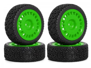 RALLY RUBBER TIRE AND RIM SET 68 X 26mm 12mm HEX FOR TAMIYA 1/10 TT-01 TT-02 XV-02 RALLY RC TRUCK - GREEN - RS-TY6826/GR