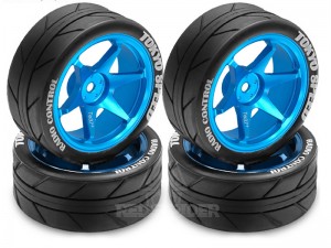 RUBBER TIRE & ALUMINUM RIM SET 65 X 26mm 12mm HEX FOR 1/10 TAMIYA TT01 TT02 XV01 XV02 - RS-WH6526/BU