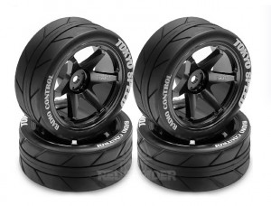 RUBBER TIRE & ALUMINUM RIM SET 65 X 26mm 12mm HEX FOR 1/10 TAMIYA TT01 TT02 XV01 XV02 - RS-WH6526/BK