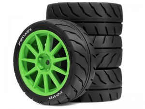 RUBBER TIRE AND RIM SET 68 X 27mm 12mm HEX FOR TAMIYA 1/10 TT-01 TT-02 XV-01 XV-02 RALLY CAR - GREEN - RS-WH6827/GR