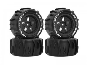 RUBBER SAND TIRE & RIM SET 75 x 38mm 12mm HEX FOR ARRMA 1/18  GRANITE 1/14 TYPHON GROM BUGGY TRUCK - BLACK - RS-TY7538/BK