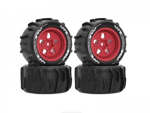 RUBBER SAND TIRE & RIM SET 75 x 38mm 12mm HEX FOR ARRMA 1/18  GRANITE 1/14 TYPHON GROM BUGGY TRUCK - RED - RS-TY7538/RE