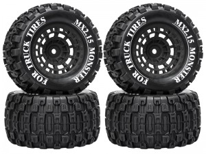 RUBBER TIRE & RIM SET 100 X 52mm 12mm TYPE-A HEX FOR TRAXXAS MINI E-REVO MINI XRT MINI MAXX RC 1/14 1/16 MONSTER TRUCK - BLACK - RS-TY10052A-BK