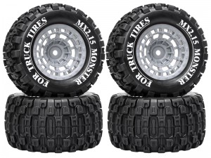RUBBER TIRE & RIM SET 100 X 52mm 12mm TYPE-A HEX FOR TRAXXAS MINI E-REVO MINI XRT MINI MAXX RC 1/14 1/16 MONSTER TRUCK - GRAY - RS-TY10052A-GY