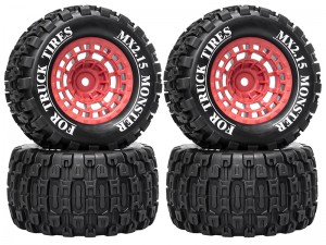 RUBBER TIRE & RIM SET 100 X 52mm 12mm TYPE-A HEX FOR TRAXXAS MINI E-REVO MINI XRT MINI MAXX RC 1/14 1/16 MONSTER TRUCK - RED - RS-TY10052A-RE