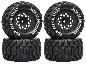 RUBBER TIRE & RIM SET 100 X 52mm 12mm TYPE-B HEX FOR TRAXXAS MINI E-REVO MINI XRT MINI MAXX RC 1/14 1/16 MONSTER TRUCK - BLACK - RS-TY10052B-BK