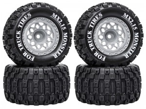 RUBBER TIRE & RIM SET 100 X 52mm 12mm TYPE-B HEX FOR TRAXXAS MINI E-REVO MINI XRT MINI MAXX RC 1/14 1/16 MONSTER TRUCK - GRAY - RS-TY10052B-GY