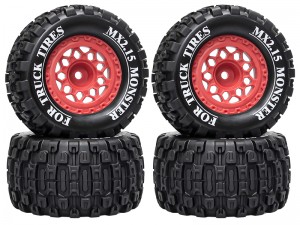 RUBBER TIRE & RIM SET 100 X 52mm 12mm TYPE-B HEX FOR TRAXXAS MINI E-REVO MINI XRT MINI MAXX RC 1/14 1/16 MONSTER TRUCK - RED - RS-TY10052B-RE