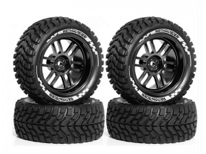 RUBBER TIRE AND ALLOY RIM SET 75 X 30mm 12mm HEX FOR TAMIYA TT-02 XV-02 RALLY TRUCK - BLACK - RS-TY4530/BK