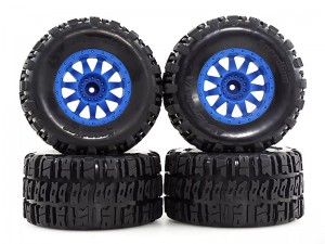 RUBBER TIRE & RIM SET 110 X 56mm 12mm HEX FOR TRAXXAS MINI MAXX MINI XRT HPI SAVAGE XS FLUX RC MONSTER - BLUE - RS-TY10056-BU