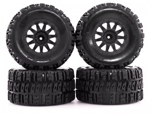 RUBBER TIRE & RIM SET 110 X 56mm 12mm HEX FOR TRAXXAS MINI MAXX MINI XRT HPI SAVAGE XS FLUX RC MONSTER - BLACK - RS-TY10056-BK