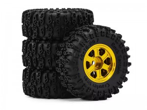 ALUMINUM TIRE & WHEEL SET 40 X 16mm FOR 1/30 AXIAL SCX30 RED CAT ASCENT 32 MIN CRALWER CHEVROLET K10 FORD BRONCO JEEP WRANGLER JLU AXI-2260 AXI-2048 AXI-2261 - GOLD - RS-WH4016/GO