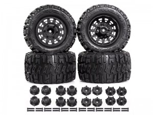 RUBBER TIRE & RIM SET 115 X 43mm 12mm 14mm HEX ARA550098 FOR ARRMA 1/8 TYPHON V5 TRL TRAXXAS JAT ... - RS-ARA550098/BK