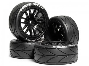 RUBBER TIRE & RIM SET 65 X 27mm 12mm HEX FOR 1/10 TAMIYA TT-02 XV-02 ON-ROAD CAR - RS-WH6527/BK