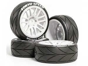 RUBBER TIRE & RIM SET 65 X 27mm 12mm HEX FOR 1/10 TAMIYA TT-02 XV-02 ON-ROAD CAR - WHITE - RS-WH6527/WI