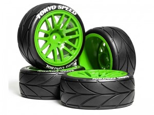 RUBBER TIRE & RIM SET 65 X 27mm 12mm HEX FOR 1/10 TAMIYA TT-02 XV-02 ON-ROAD CAR - RS-WH6527/GR