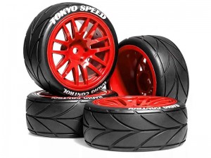 RUBBER TIRE & RIM SET 65 X 27mm 12mm HEX FOR 1/10 TAMIYA TT-02 XV-02 ON-ROAD CAR - RS-WH6527/RE