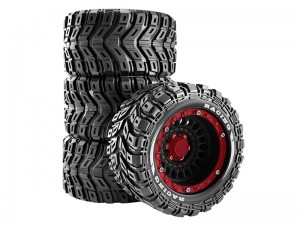 RUBBER TIRE & RIM SET 90 X 46mm 12mm HEX FOR ARRMA 1/16 MINI KRATON 3S TRAXXAS MINI E-REVO - BLACK /RED - RS-TY9046/BKRE