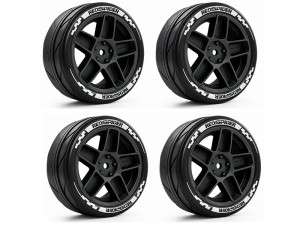 RUBBER TIRE & 5 SPOKE RIM SET 77 X  31mm 12mm HEX FOR TAMIYA 1/10 TT-01 TT-02 ON-ROAD RC CAR - RS-TY773112A/BK
