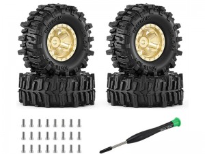 RUBBER & BRASS RIM SET 40 X 16mm FOR 1/30 AXIAL RACING SCX-30 CHEVROLET K10 FORD BRONCO JEEP WRANGLER JLU AXI-2260 AXI-2048 AXI-2261 CRAWLER - RS-WH3614C/BR
