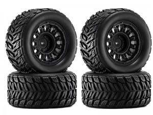 RUBBER TIRE AND RIM SET 90mm X 45mm 12mm HEX TYPE A FOR 1/14 1/16 ARRMA MINI KRATON TRAXXAS E-REVO SUMMITARA2508 - BLACK - RS-TY904512/BK
