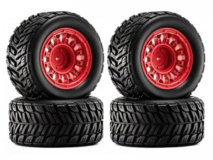 RUBBER TIRE AND RIM SET 90mm X 45mm 12mm HEX TYPE A FOR 1/14 1/16 ARRMA MINI KRATON TRAXXAS E-REVO SUMMITARA2508 - RED - RS-TY904512/RE