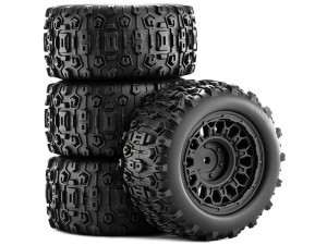 RUBBER TIRE AND RIM SET 90mm X 45mm 12mm HEX TYPE B FOR 1/14 1/16 ARRMA MINI KRATON TRAXXAS E-REVO SUMMITARA2508 - BLACK - RS-TY904512B/BK