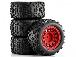 RUBBER TIRE AND RIM SET 90mm X 45mm 12mm HEX TYPE B FOR 1/14 1/16 ARRMA MINI KRATON TRAXXAS E-REVO SUMMITARA2508 - RED - RS-TY904512B/RE