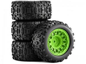 RUBBER TIRE AND RIM SET 90mm X 45mm 12mm HEX TYPE B FOR 1/14 1/16 ARRMA MINI KRATON TRAXXAS E-REVO ARA2508 - RS-TY904512B/GR