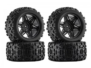 RUBBER TIRE AND RIM SET 90mm X 45mm 12mm HEX TYPE C FOR 1/14 1/16 ARRMA MINI KRATON TRAXXAS E-REVO ARA2508 - BLACK - RS-TY904512C/BK