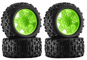 RUBBER TIRE AND RIM SET 90mm X 45mm 12mm HEX TYPE C FOR 1/14 1/16 ARRMA MINI KRATON TRAXXAS E-REVO ARA2508 - GREEN - RS-TY904512C/GR