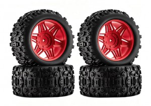 RUBBER TIRE AND RIM SET 90mm X 45mm 12mm HEX TYPE C FOR 1/14 1/16 ARRMA MINI KRATON TRAXXAS E-REVO ARA2508 - RED - RS-TY904512C/RE