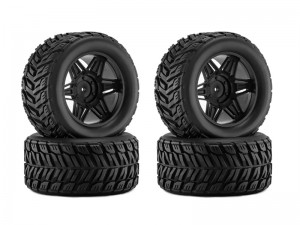 RUBBER TIRE AND RIM SET 90mm X 45mm 12mm HEX TYPE D FOR 1/14 1/16 ARRMA MINI KRATON TRAXXAS E-REVO ARA2508 - BLACK - RS-TY904512D/BK