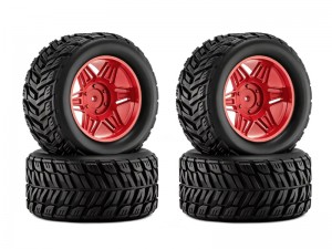 RUBBER TIRE AND RIM SET 90mm X 45mm 12mm HEX TYPE D FOR 1/14 1/16 ARRMA MINI KRATON TRAXXAS E-REVO ARA2508 - RED - RS-TY904512D/RE